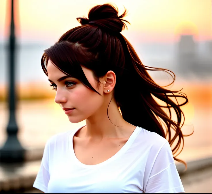 Close-up portrait of an europian girl, modern city style background, she is walking on a street, (really pouring rain falls:1.1), she is completely wet, a simple t-shirt and a skirt, a white t-shirt and a skirt, no bra under a t-shirt, naked under a t-shir...