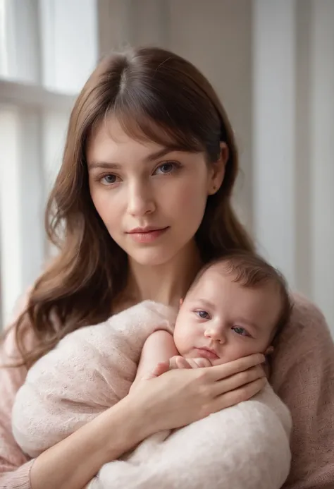 A mother with brown bangs and brown clothes, tenant sa petite fille aux cheveux longs, Black Bangs and Pink Newborn Clothes, Nursery.photoreallistic, Best quality, hyper detailed, Soft natural light from the window Nikon Z6 Camera 35mm lens Aperture f/2.8 ...