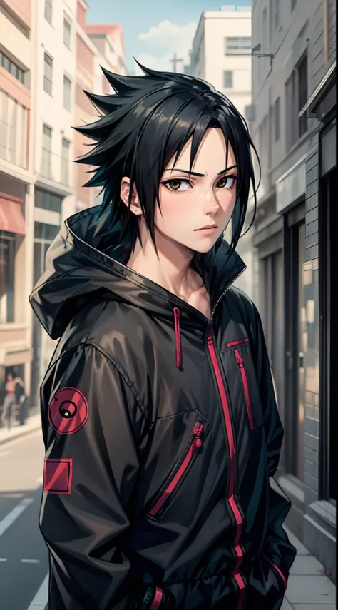 masterpiece, 1boy, superb style, urban streetwear chothes, outdoor, upper body, uchiha sasuke, bright eyes, black hair, cool boy