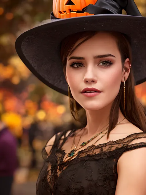 Brunette woman 32 years old, halloween dressed, realistic, 4k, people in the background, blur background