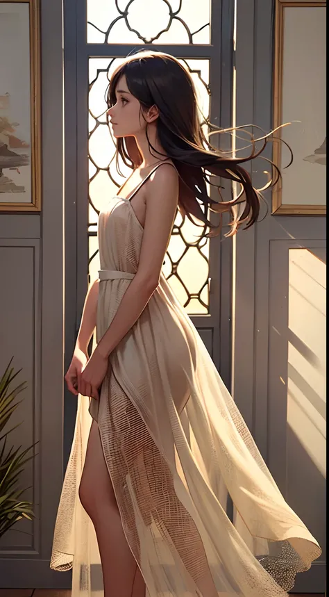 (best quality:1.4),1girl,on the model ramp, ramp walk, soft lighting,gentle breeze,sundress,blown hair,brightly lit room,mesmerizing artwork,natural sunlight,peaceful ambiance,captivating colors,serene atmosphere,subtle shadows