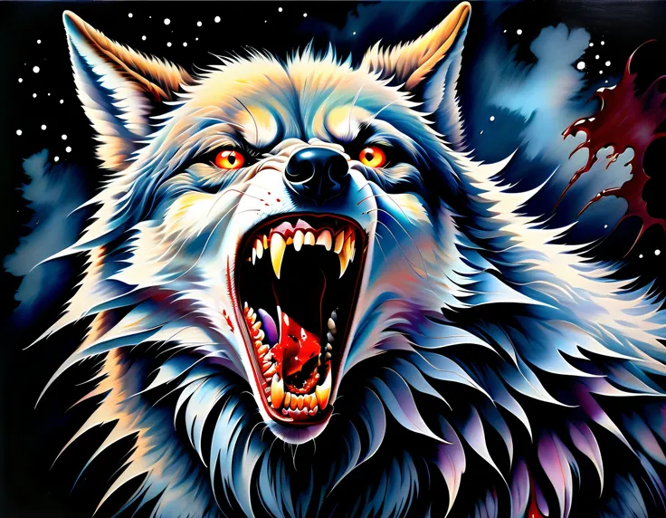 (((dark fantasy and mysterious stunning oil paint vampire wolf dutch angle illustration:1.3))), (((growl expression:1.1))), (both beautiful and ridiculously absurdly cute:1.1), piercing gaze, (((vampire fang of dripping blood:1.3))), fur skin glows with a ...