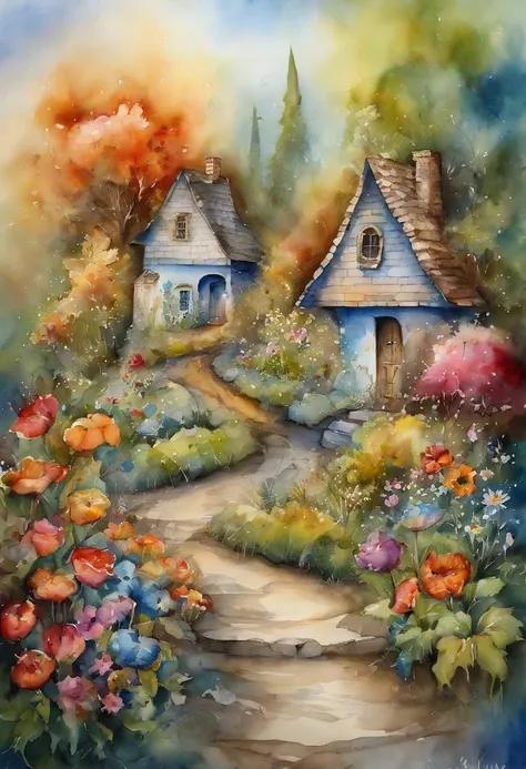 surrealism, dream-like,Fusion，A street in a fairytale land, woods, Houses with flowers,,Flowers, Street House,