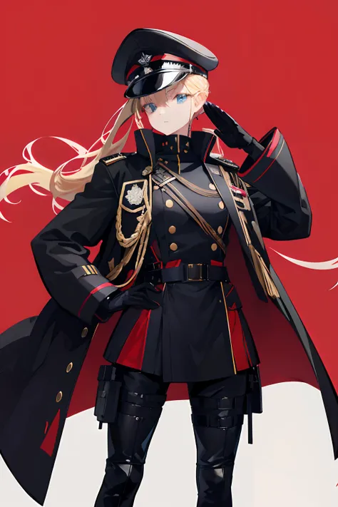 1girl, standing, saluting, blond hair tied up, black military hat, black military overcoat with decorations and red details, black military pants, combat boots, serious facial expression, blue eyes, day, military field background, high quality, highly deta...