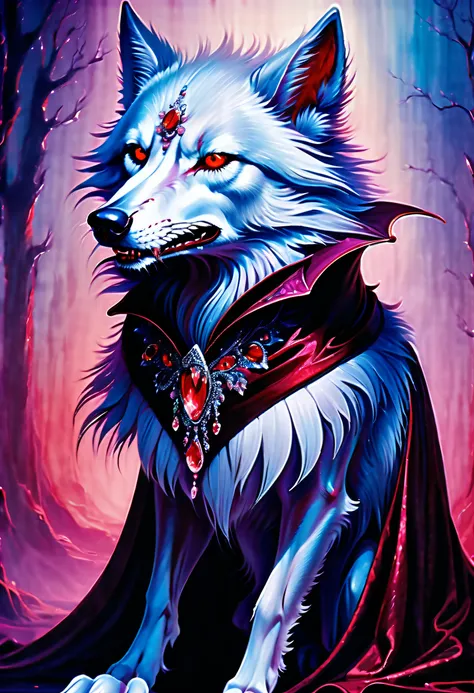 sleek and mysterious vampire wolf dutch angle illustration, (both beautiful and ridiculously absurdly cute:1.1), piercing gaze, (((vampire fang of dripping blood:1.3))), fur skin glows with a celestial radiance, mesmerizing shade of iridescent silver backg...