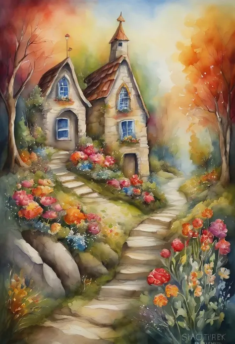 surrealism, dream-like,Fusion，A street in a fairytale land, woods, Houses with flowers,,Flowers, Street House,