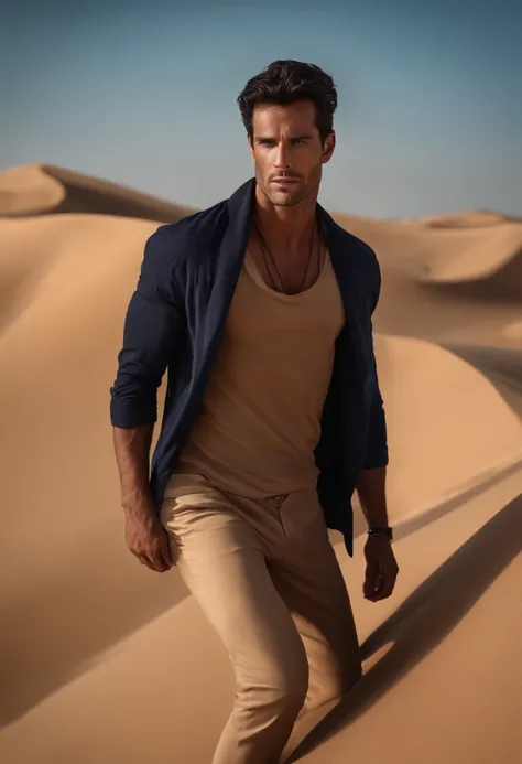 desert, Sand, Tall and tanned guy, black hair, blue eyes