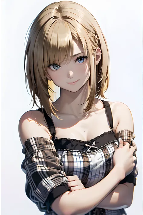 (Best Quality, 8K, Oil Painting, masutepiece:1.2), Ultra-detailed, (Realistic, Photorealistic:1.37), (((FULL BODYSHOT)))、(((Bright blonde hair)))、Vibrant colors、(((White and black tube top bra)))、(((Gingham plaid tube top bra)))、(((２０Women of a certain age...