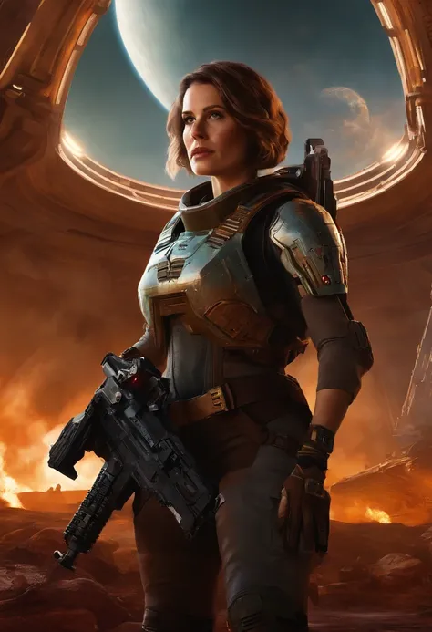 A woman with a gun stands in front of the spaceship, ruined empire on the background, official character art, Zombies from Doom Eternal, Orianna, Painting C - 3 0, inspired by Sargent Johnson, Celestial planet in the background, Juno promotional image, Ful...