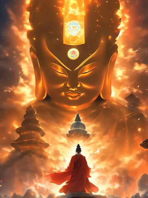 ((Masterpiece))，(Best quality))，China-style，In the universe, The huge Maitreya Buddha statue stands in space，Gaze at the earth，Standing Buddha statue，with light glowing，Glow effects，Pilgrims on the road，Hyper-realistic，Ultra photo realsisim，Real Photograph...