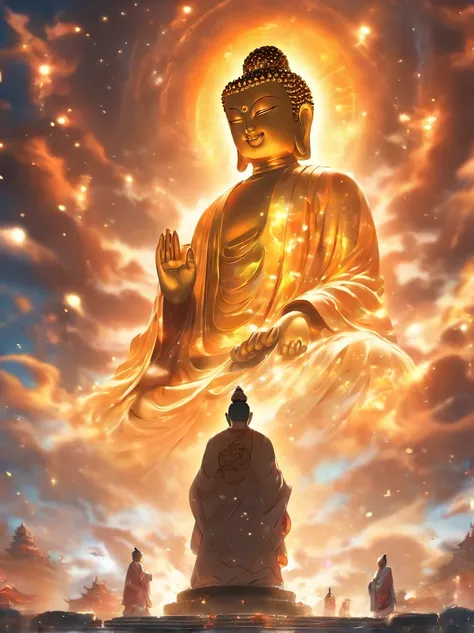 ((Masterpiece))，(Best quality))，China-style，In the universe, The huge Maitreya Buddha statue stands in space，Gaze at the earth，Standing Buddha statue，with light glowing，Glow effects，Pilgrims on the road，Hyper-realistic，Ultra photo realsisim，Real Photograph...