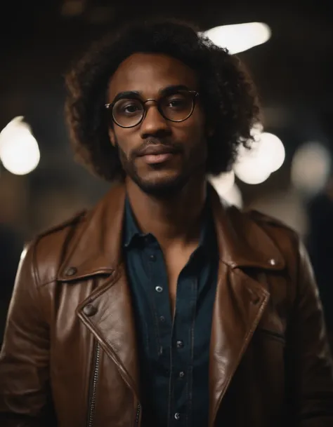 A bespectacled mixed-race African man with beautiful hair dressed in an elegant brown leather jacket, Andrew Sykut, Ultra High Definition Image, Montre punk, Photographie en studio, precision (mi-gros plan), beau visage, light face