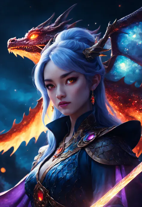 Masterpiece, The best quality surreal mixed fantasy,(1 Dragon:1.3) Behind her is an Asian woman with a glowing sword,Void Energy Diamond Sword, Deep sky blue and light sky blue style, Mixed reality and fantasy elements, Vibrant comics, UHD image, Glassy tr...