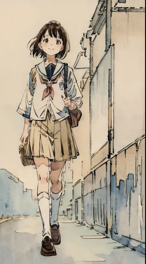 school classrooms、watercolor style、pale colors、hand painted style, 15yo student、hi-school girl、school route、carrying a schoolbag...