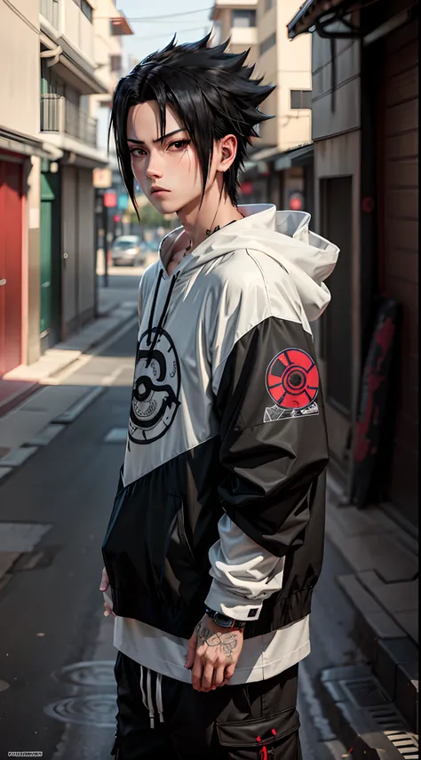 masterpiece, 1boy, superb style, urban streetwear chothes, outdoor, upper body, uchiha sasuke, bright eyes, black hair, cool boy