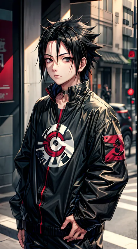 masterpiece, 1boy, superb style, urban streetwear chothes, outdoor, upper body, uchiha sasuke, bright eyes, black hair, cool boy