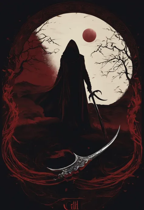 Cult of the Eternal Eclipse Logo", Two-dimensional logo, minimalism, Death in a hood with a scythe, The face is not visible,The hood completely hides the face,