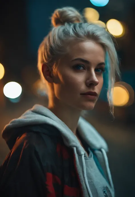 Closeup photograph, confident young cyberpunk woman with blonde and white hair in a bun, wearing a hoodie with red and blue designs on it, in a rain soaked street at night, photorealistic, cinematic lighting