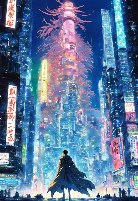 Yoshitaka Amanos dynamic art, Makoto Shinkai, The picture is gray，Akira Kurosawa film composition，by Ghibli Studio, Knight in cyberpunk armor，Look up at the movie back view of the tall cyberpunk new Tokyo skyscraper, A sign full of neon lights，The sky is c...