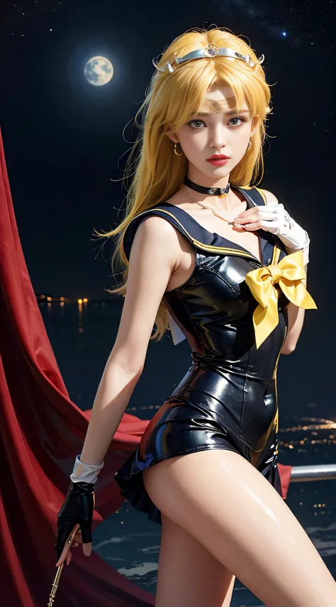 ((​masterpiece:1.4)、(top-quality:1.4)、(reallistic:1.7))、masuter piece:1.4、a beauty girl、(Sailor Moon:1.4)、Tsukino Usagi、Body Fit Sexy Sailor Senshi Uniform、(latex shiny)、(The jacket is a white sleeveless sailor suit)、(Skirt is blue sexy ultra ultra mini sk...