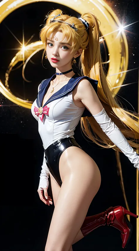 ((​masterpiece:1.4)、(top-quality:1.4)、(reallistic:1.7))、masuter piece:1.4、a beauty girl、(Sailor Moon:1.4)、Tsukino Usagi、Body Fit Sexy Sailor Senshi Uniform、(latex shiny)、(The jacket is a white sleeveless sailor suit)、(Skirt is blue sexy ultra ultra mini sk...