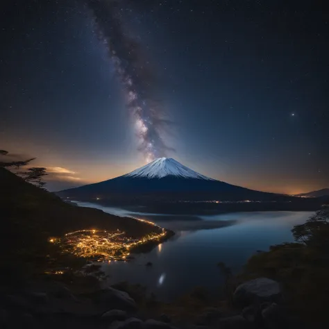 Master parts、Superior quality、Superior image quality、8K quality、、Beautiful picture of the starry sky、magnifica、arching milkyway:1.9、Mt fuji、Blue lake