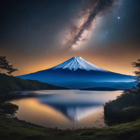 Master parts、Superior quality、Superior image quality、8K quality、、Beautiful picture of the starry sky、magnifica、arching milkyway:1.9、Mt fuji、Blue lake