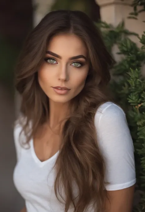 Femme Arafed en T-shirt blanc et collier, fille sexy aux yeux verts, Portrait Sophie Mudd, cheveux bruns et grands yeux, selfie of a young woman, Yeux de chambre, Violet Myers, pas de maquillage, maquillage naturel, looking straight at camera, Visage avec ...