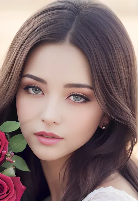 a close up of a woman holding a rose in her hand, feminine beautiful face, extremely beautiful face, beautiful feminine face, very beautiful face, attractive beautiful face, beautiful and realistic faces, very pretty face, realistic beautiful face, beautif...