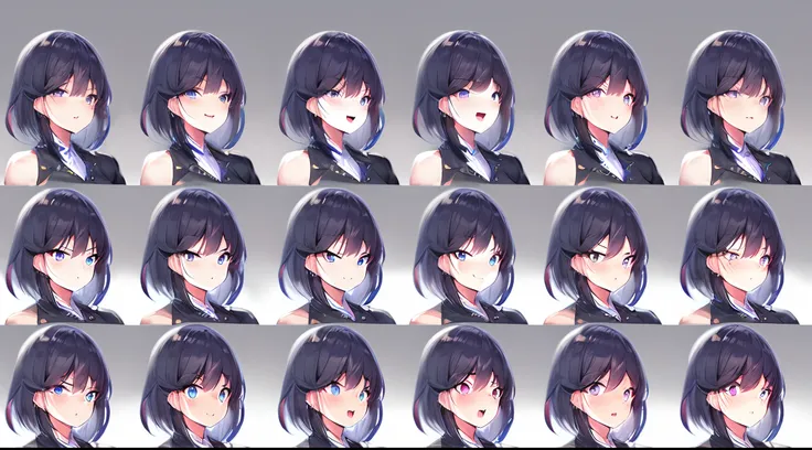 1girll,looking toward the viewer,greybackground,face expression,the same person,9 facial expressions,grid,exposed short hair,che...