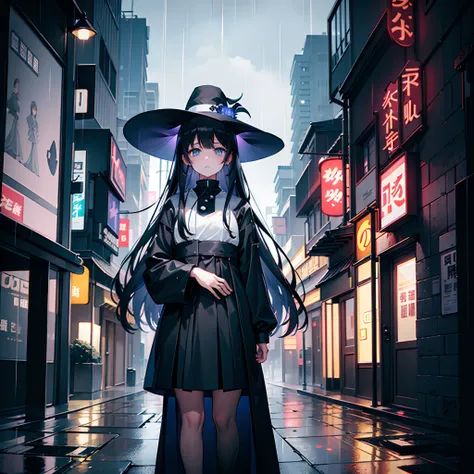 Rainy nights、An urban area lined with buildings、Standing Girl、Black coat、white t-shirts、a black skirt、White long bob hair with blue-violet mesh、Crying while looking upwards、Big black witch hat with sapphire accessories