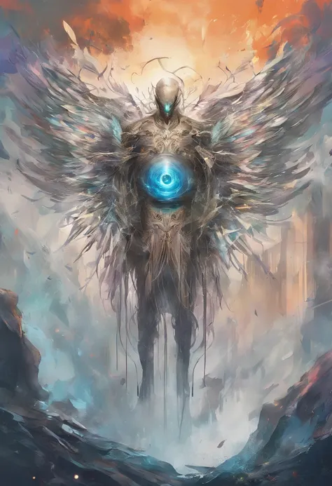 Splash art, ((a one singular human eyeball with angel wings attached to the back)), ((white background)), image, fits in frames, piercing eyes, epic Instagram, artstation, splash style of colorful paint, contour, hyperdetailed intricately detailed , unreal...