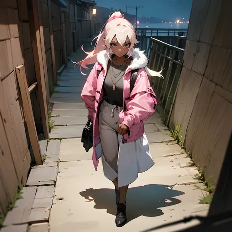 1female, teen, dark skin, pale blonde low ponytail with pink highlights, finely detailed grey eyes, loose casual clothes, jacket with oversized fur hood, necklace, best lighting and shadows, night time fishing village, walking down a path,