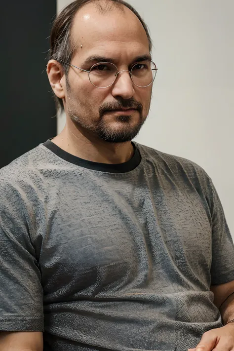 Create a realistic image of a 40-year-old programmer wearing glasses, gordinho, usando roupas no estilo steve jobs, e com barba