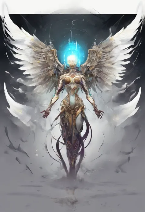 Splash art, ((a one singular human eyeball with angel wings attached to the back)), just the eyeball itself, floating ((white background)), image, fits in frames, piercing eyes, epic Instagram, artstation, splash style of colorful paint, contour, hyperdeta...