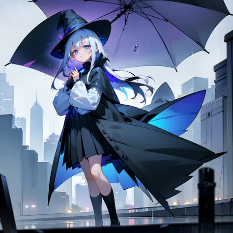 rainy evening、Urban area lined with buildings、Standing Girl、Black coat、white t-shirts、a black skirt、White long bob hair with blue-violet mesh、Crying while looking up、Big black witch hat with sapphire accessories、