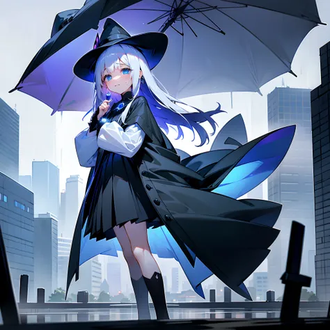 rainy evening、Urban area lined with buildings、Standing Girl、Black coat、white t-shirts、a black skirt、White long bob hair with blue-violet mesh、Crying while looking up、Big black witch hat with sapphire accessories、