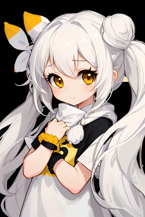 absurdres, 1girl, yellow eyes, twintails, long hair, white hair, wide-eyed, eyelashes, looking at viewer, twitchemote, upper body, white background, t-shirt, chibi, emote, facing viewer, (:3:1.0), blush