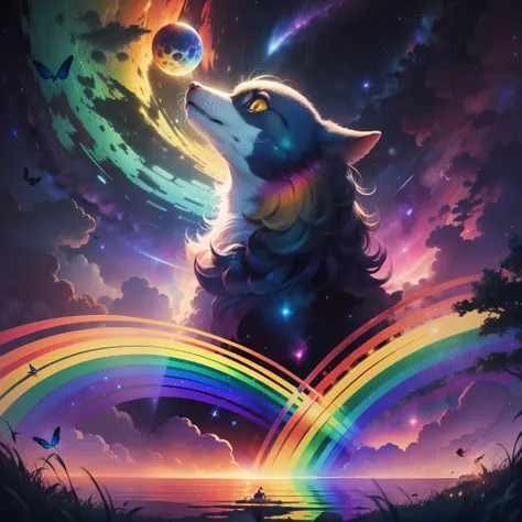 Drawing a cute rainbow-colored round monster in space, rainbow-colored grass and butterflies flying on the water, looking up at the starry sky. Surrounding her with colorful nebulas and colorful forests. --auto --s2