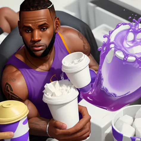 Lebron James  drinking a purple liquid out of a white styrofoam cup