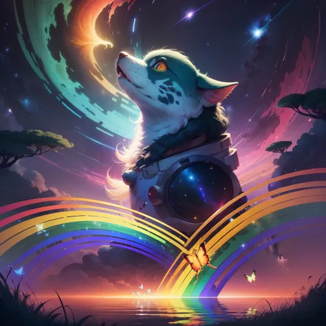 Drawing a cute rainbow-colored round monster in space, rainbow-colored grass and butterflies flying on the water, looking up at the starry sky. Surrounding her with colorful nebulas and colorful forests. --auto --s2