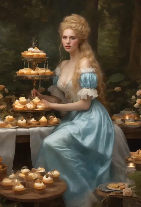 pleading eyes, pleading expression, (sky blue with white lines and golden hair aesthetic), pale, standing, Valyrian blonde, wavy hair, apron on nude body, cooking outfit, large breasts, colourful castke drowning in swamp, big boobs, full body covered in Tz...