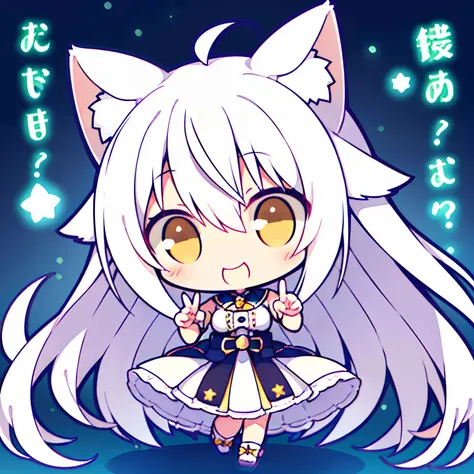 girl with、Chibi、((Best Quality, high_resolution, Distinct_image)),(white hair), (white cat ears), (Ahoge), (absurdly long hair), (Wavy Hair), (yellow eyes),、a smile、Mouth closed。mideum breasts、piece sign