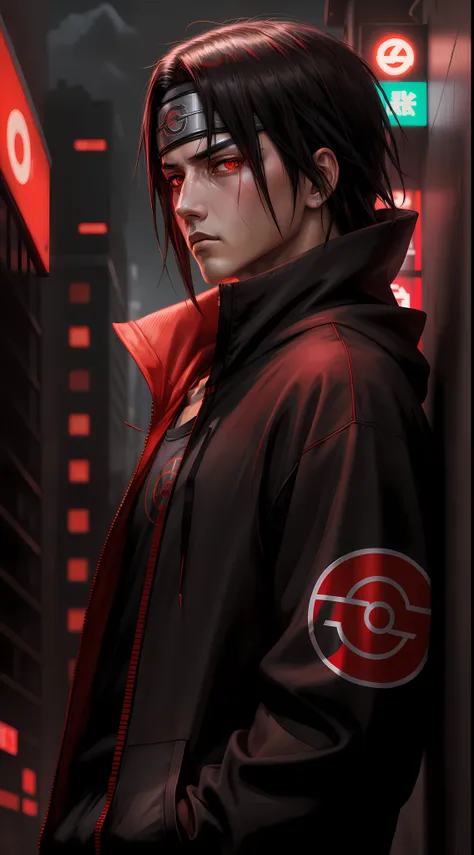 masterpiece, uchiha itachi, cyberpunk style, 1boy, red eyes, male focus, solo, simple background, upper body, looking at viewer,...