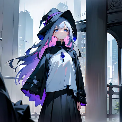 Rainy nights、An urban area lined with buildings、Standing Girl、Black coat、white t-shirts、a black skirt、White long bob hair with blue-violet mesh、Crying while looking upwards、Big black witch hat with sapphire accessories