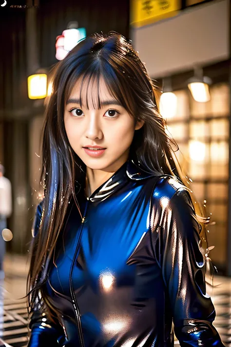 (((Draw only one woman: 2))), Beautiful 18 year old Japan woman, (Beautiful woman in rubber suit tight all over body: 1.5), ((Standing on the roof of a building at night when it is raining: 1.5)), ((1screen)), 8K, RAW shot, (Angle from diagonally above:1.5...