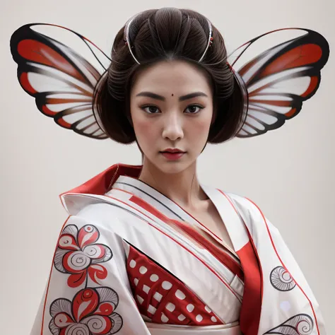 image of a geisha with butterfly wings above her head, wearing a white and red kimono, geisha portrait, beauty geisha, portrait of a beautiful geisha, japanese realistic art style, in realistic digital art style, japanese geisha, geisha Feminine, inspired ...