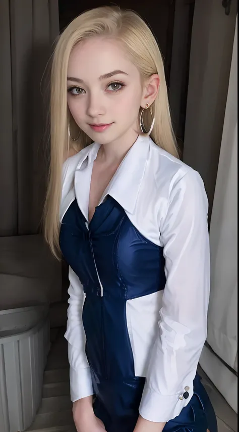 ((Preteen)), Beautiful girl, corpo do modelo, Grandes olhos azuis, seios pequenos, pernas longas, medium hoop earrings, Flight Attendant Uniform, tiro de cima, pele muito branca, cabelos longos, cabelos ondulados, blonde hair , Cabana na Mata, fotorrealist...