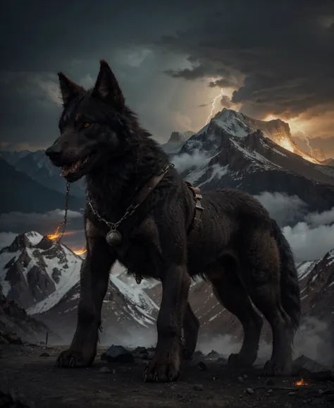 giant wolf fenrir, protruding from the mountains, fire emanates from its mouth, on its legs it has broken shackles with chains h...