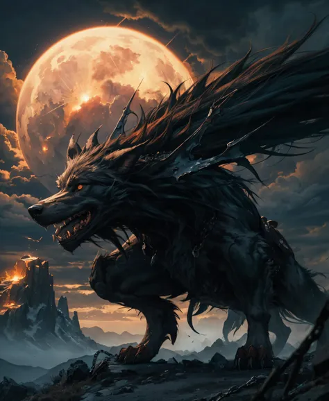 Giant wolf Fenrir, protruding from the mountains, fire emanates from its mouth, on its legs it has broken shackles with chains hanging, red eyes, angry, anger, realistic illustration, 4K, detail, apocalyptic, lightning, darkened sky, dark magic